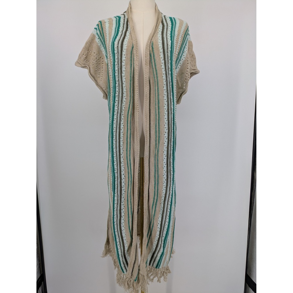 Christopher & Banks Cardigan Vest Womens XL Beige Teal Linen Fringe Boho Duster